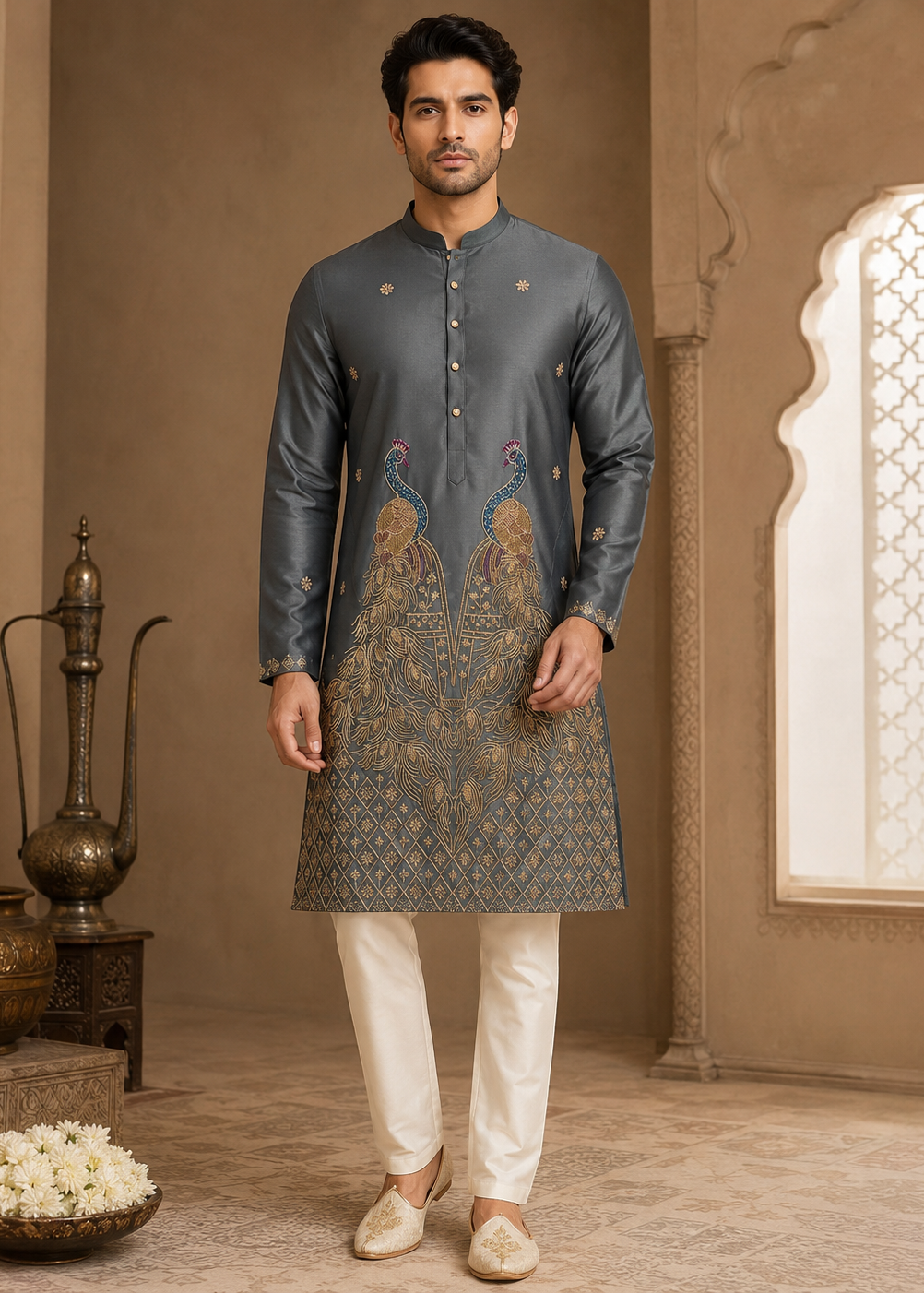 Men Charcoal Grey Embroidered Peacock Kurta Set