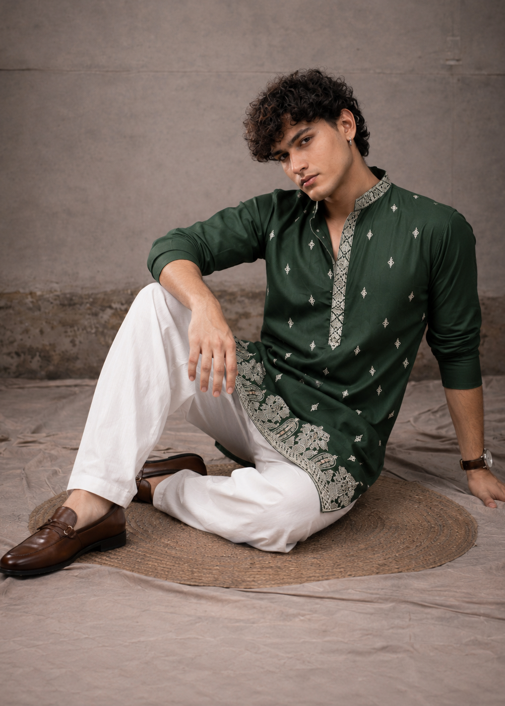 Royal Green Kurta Trouser with Delicate All-Over Embroidery